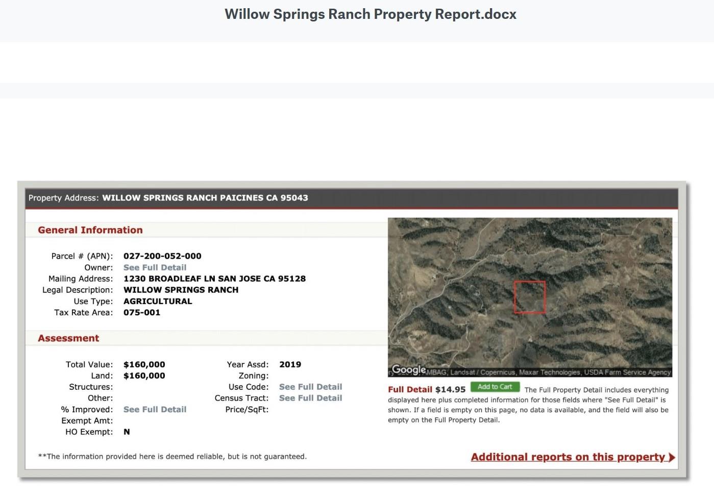 0 Willow Springs Ranch, PAICINES, California 95043, ,Lots And Land,For Sale,Willow Springs Ranch,40963703