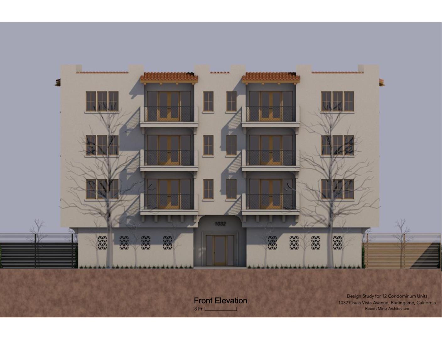 Rare 12 unit condo project in desirable Burlingame.  This 4 story development opportunity located at 1034-1030 Chula Vista Ave consists of (6) 2 bed 2 bath units with full kitchen at 1266 sq. ft. and (6)  1 bed 2 bath with private den at 1051 sq. ft. with private balconies. This highly sought after location feeds to excellent schools, retail corridors of Downtown Burlingame and El Camino Real, conveniently located to all that Silicon Valley has to offer. Single family home being sold with the a joining home both lots are 5750 sq ft and zoned R3.  1034 is in good condition and remodeled could rent for $4200 to $4800. 1030 is a 2 bed 1 bath home is a fixer, could be fixed and rented.